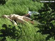 Spy on a nude girl sunbathing in a field - 15 voyeur Pictures